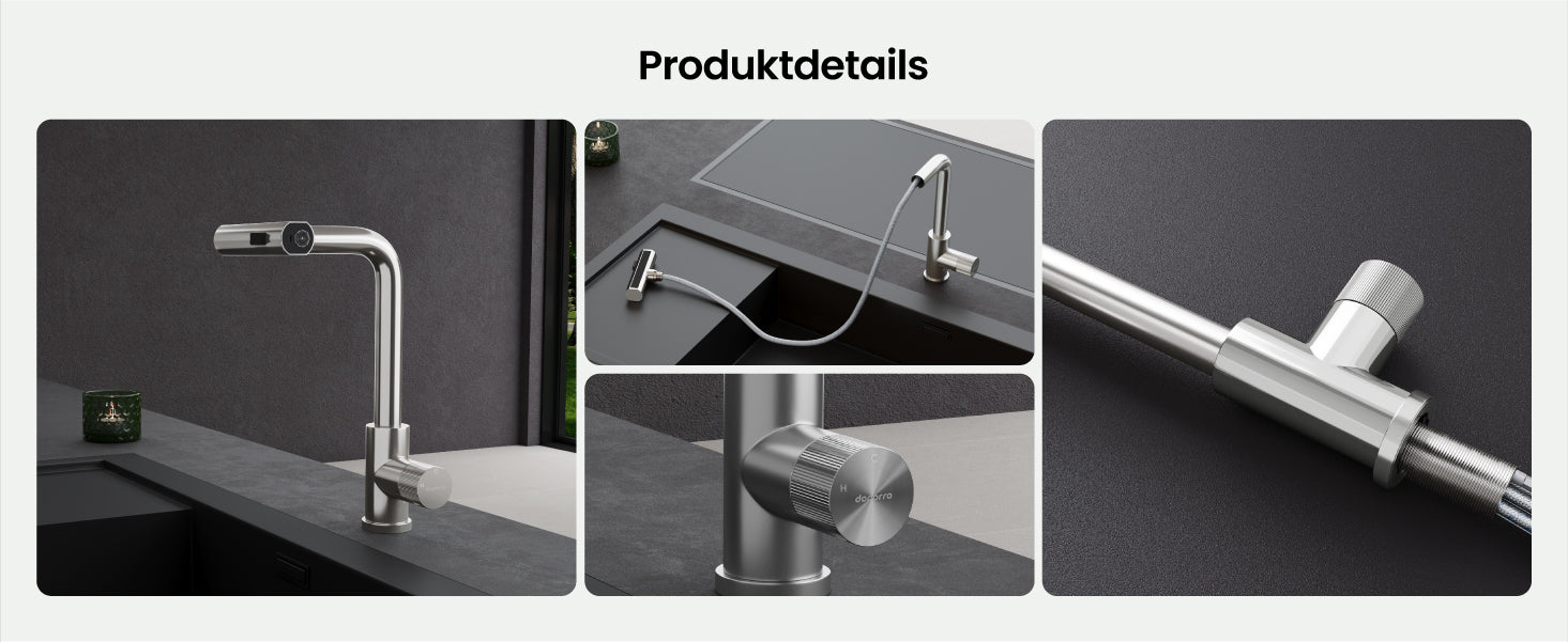 glasvilla Rubinetto per Cucina, 3 Modalità con Doccetta Estraibile, Rubinetto Lavello Cucina in Acciaio Inossidabile 304 con Cartuccia Ceramica, Tubi e Accessorri, Design Moderno Turnix-02