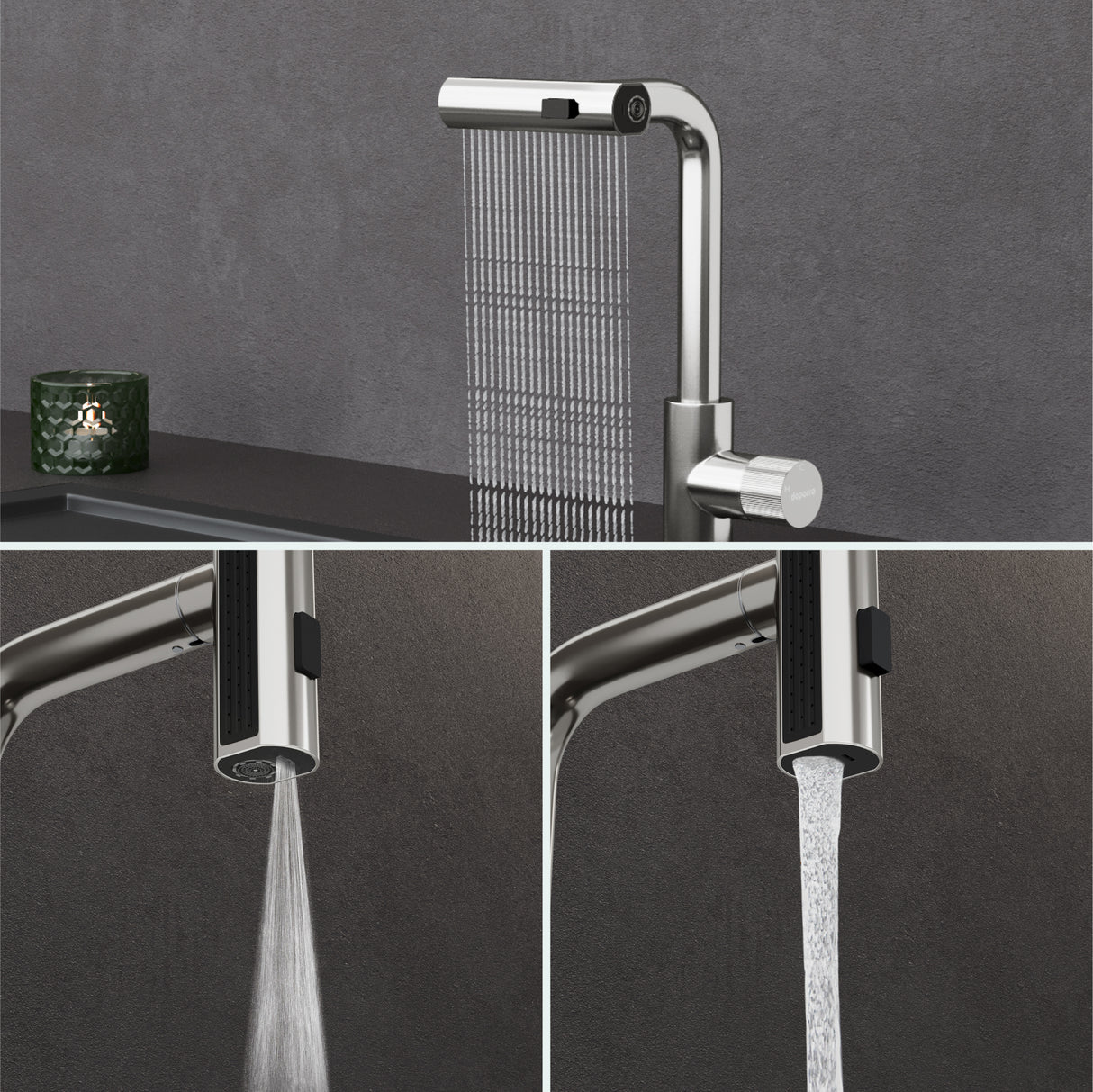 glasvilla Rubinetto per Cucina, 3 Modalità con Doccetta Estraibile, Rubinetto Lavello Cucina in Acciaio Inossidabile 304 con Cartuccia Ceramica, Tubi e Accessorri, Design Moderno Turnix-02