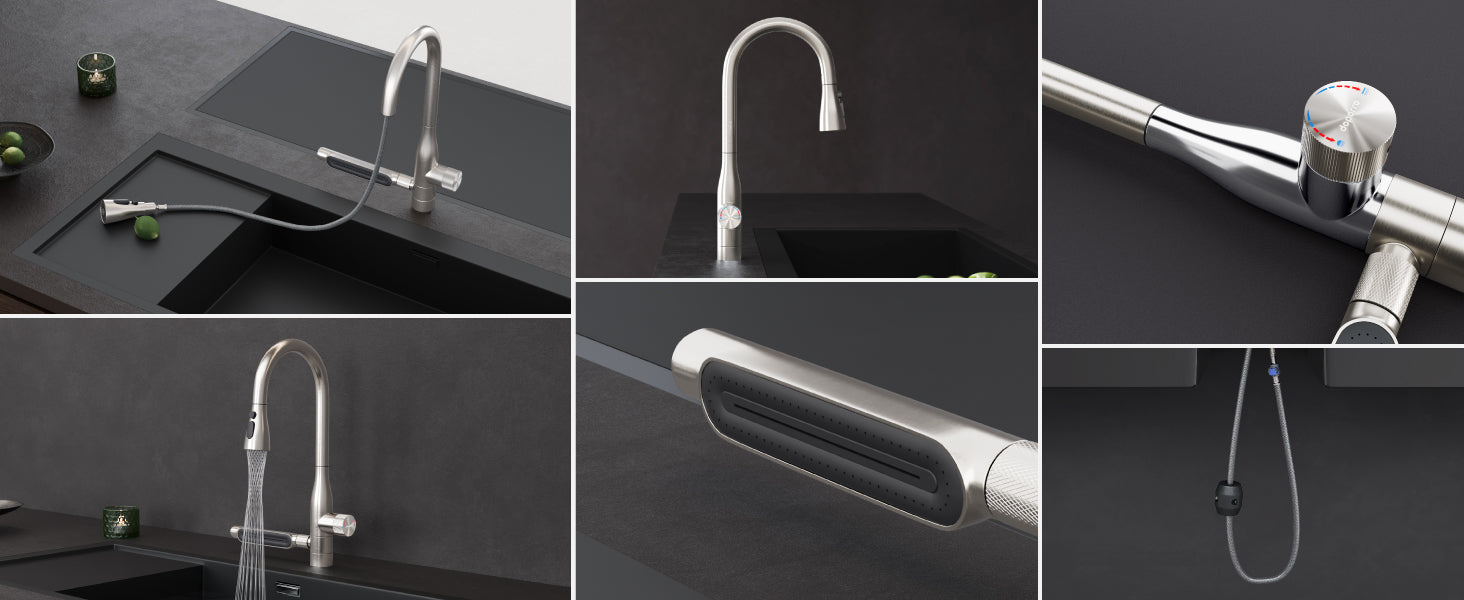 glasvilla Robinet de cuisine avec jet cascade, mitigeur d'évier de cuisine, mitigeur monocommande pivotant à 360°, robinet de cuisine en acier inoxydable argenté Turnix-03