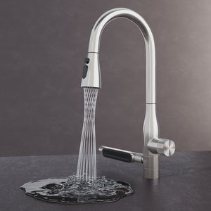 glasvilla Robinet de cuisine avec jet cascade, mitigeur d'évier de cuisine, mitigeur monocommande pivotant à 360°, robinet de cuisine en acier inoxydable argenté Turnix-03