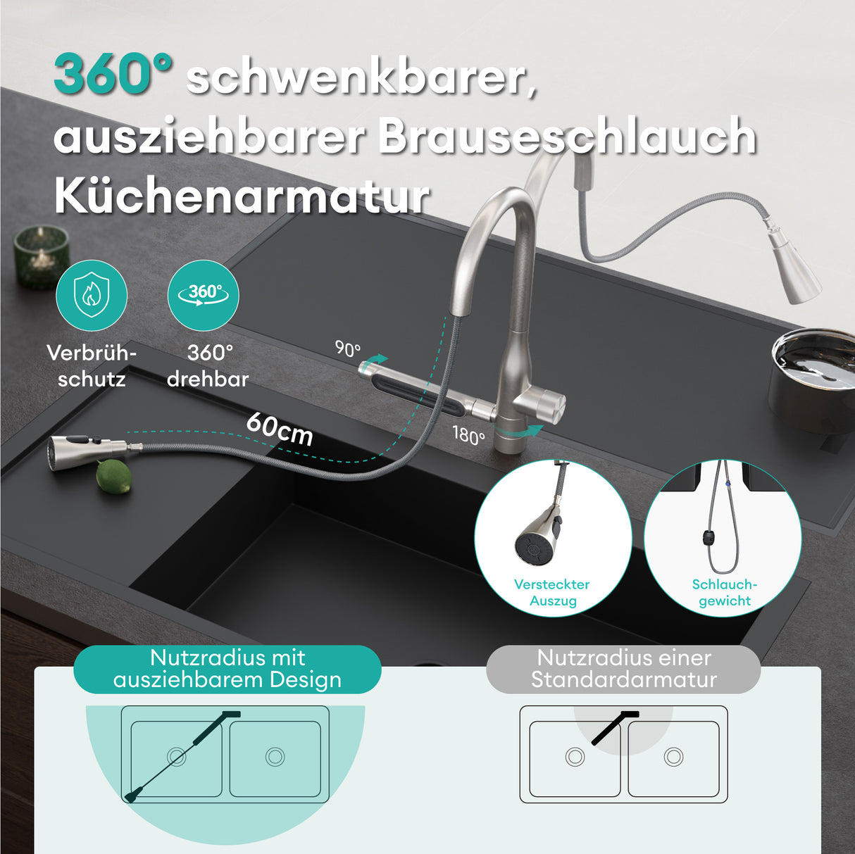 glasvilla Robinet de cuisine avec jet cascade, mitigeur d'évier de cuisine, mitigeur monocommande pivotant à 360°, robinet de cuisine en acier inoxydable argenté Turnix-03