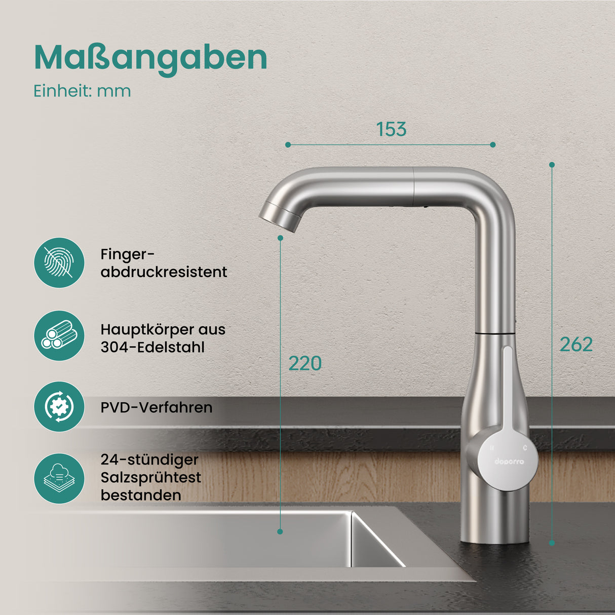 glasvilla Wasserhahn Küche Küchenarmatur mit Brause Ausziehbar, Küchenwasserhahn 360°Schwenkbar, Mischbatterie Spültischarmatur aus Edelstahl Turnix-04
