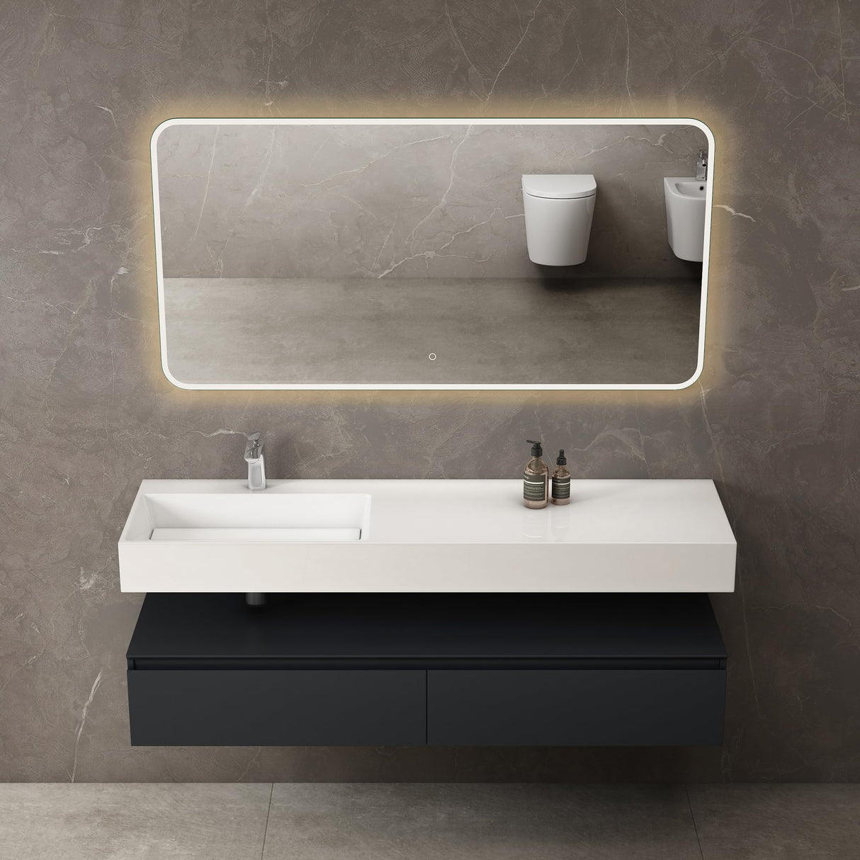 Ensemble de meubles de salle de bain Glasvilla, meuble sous-vasque avec meuble bas 150 x 48 x 25 cm, tiroirs à fermeture amortie et vasque en fonte minérale UP