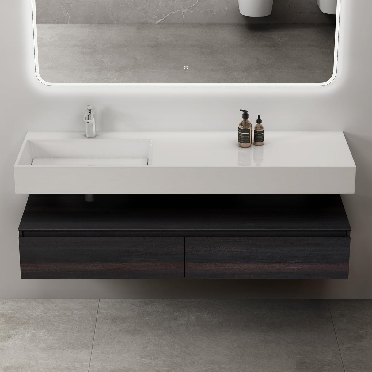 Ensemble de meubles de salle de bain Glasvilla, meuble sous-vasque avec meuble bas 150 x 48 x 25 cm, tiroirs à fermeture amortie et vasque en fonte minérale UP