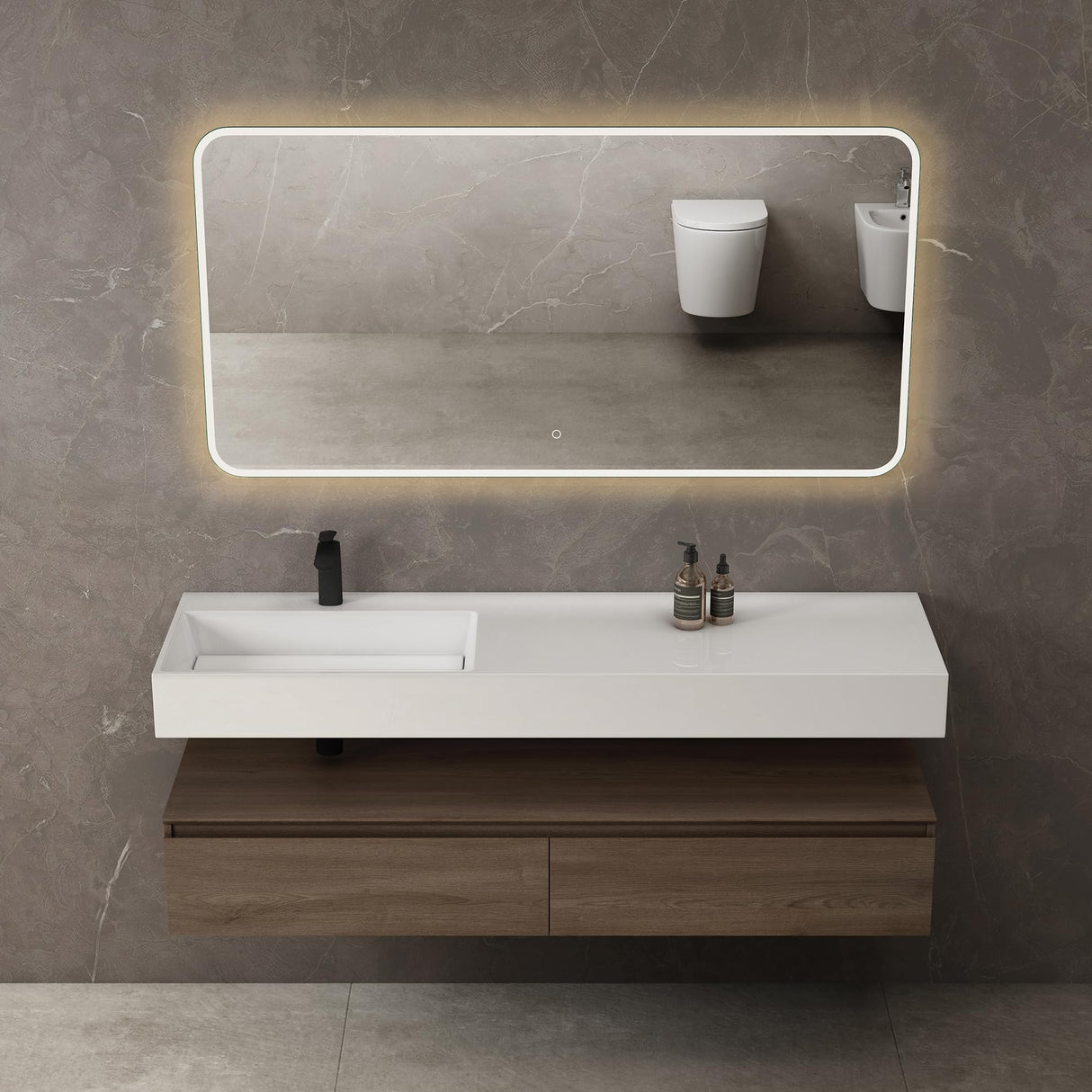Ensemble de meubles de salle de bain Glasvilla, meuble sous-vasque avec meuble bas 150 x 48 x 25 cm, tiroirs à fermeture amortie et vasque en fonte minérale UP