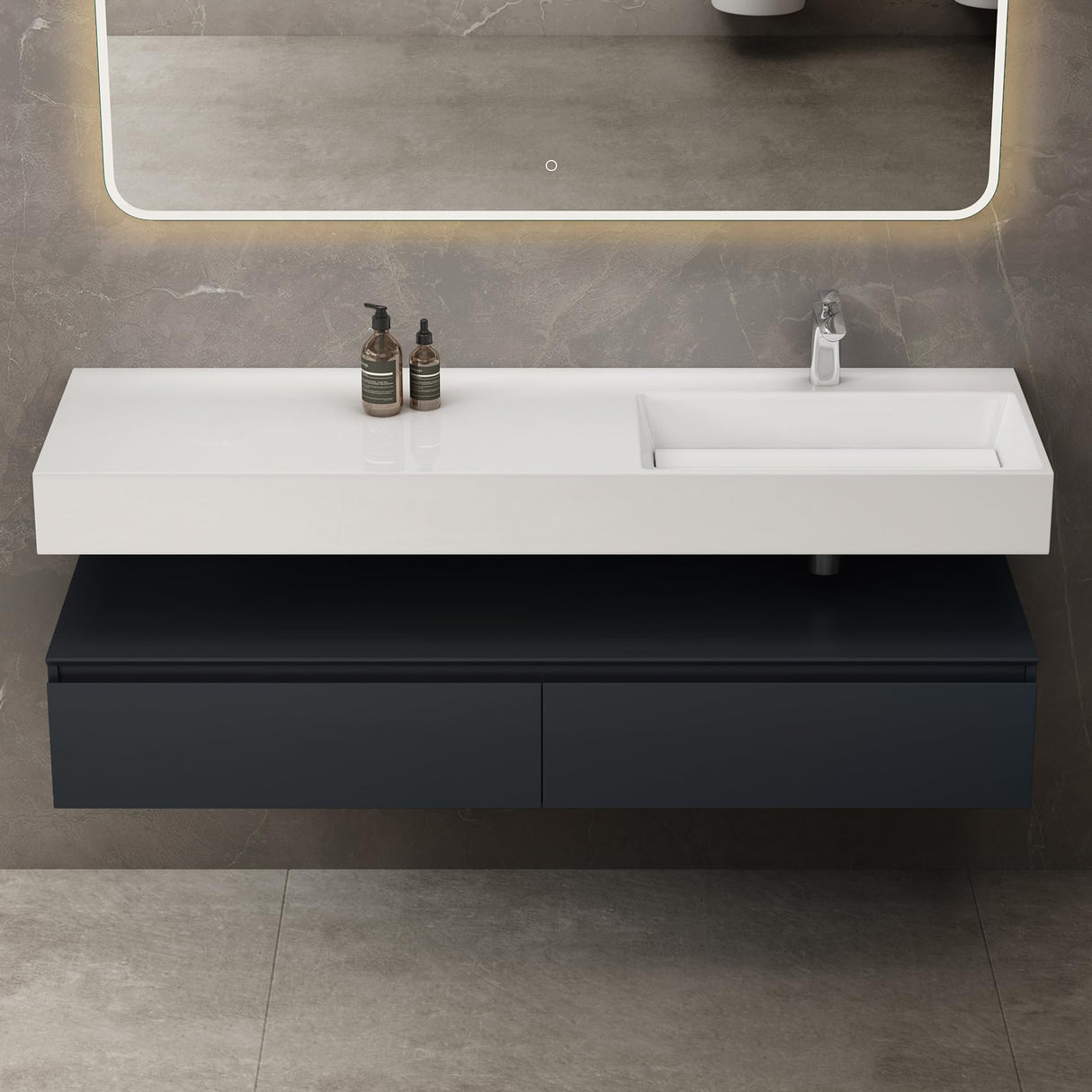 Ensemble de meubles de salle de bain Glasvilla, meuble sous-vasque avec meuble bas 150 x 48 x 25 cm, tiroirs à fermeture amortie et vasque en fonte minérale UP