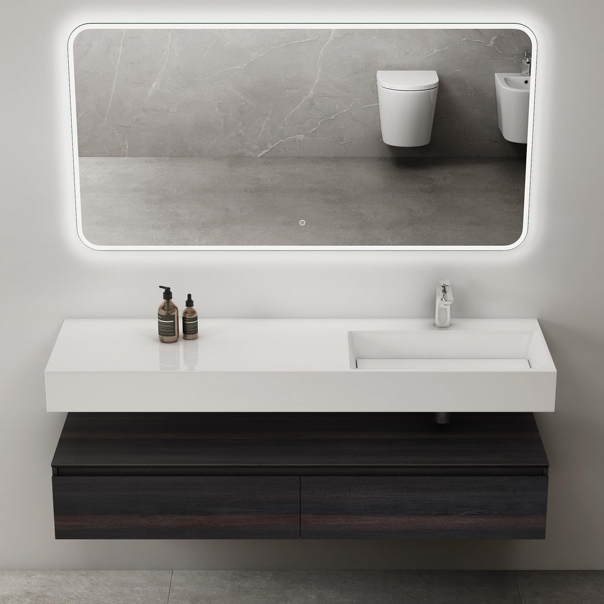 Ensemble de meubles de salle de bain Glasvilla, meuble sous-vasque avec meuble bas 150 x 48 x 25 cm, tiroirs à fermeture amortie et vasque en fonte minérale UP
