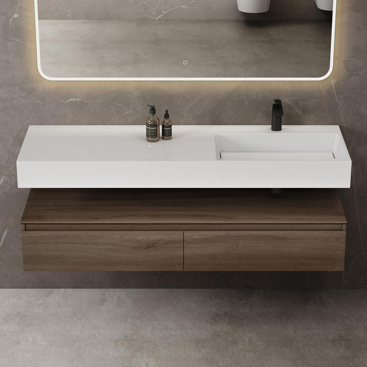 Ensemble de meubles de salle de bain Glasvilla, meuble sous-vasque avec meuble bas 150 x 48 x 25 cm, tiroirs à fermeture amortie et vasque en fonte minérale UP
