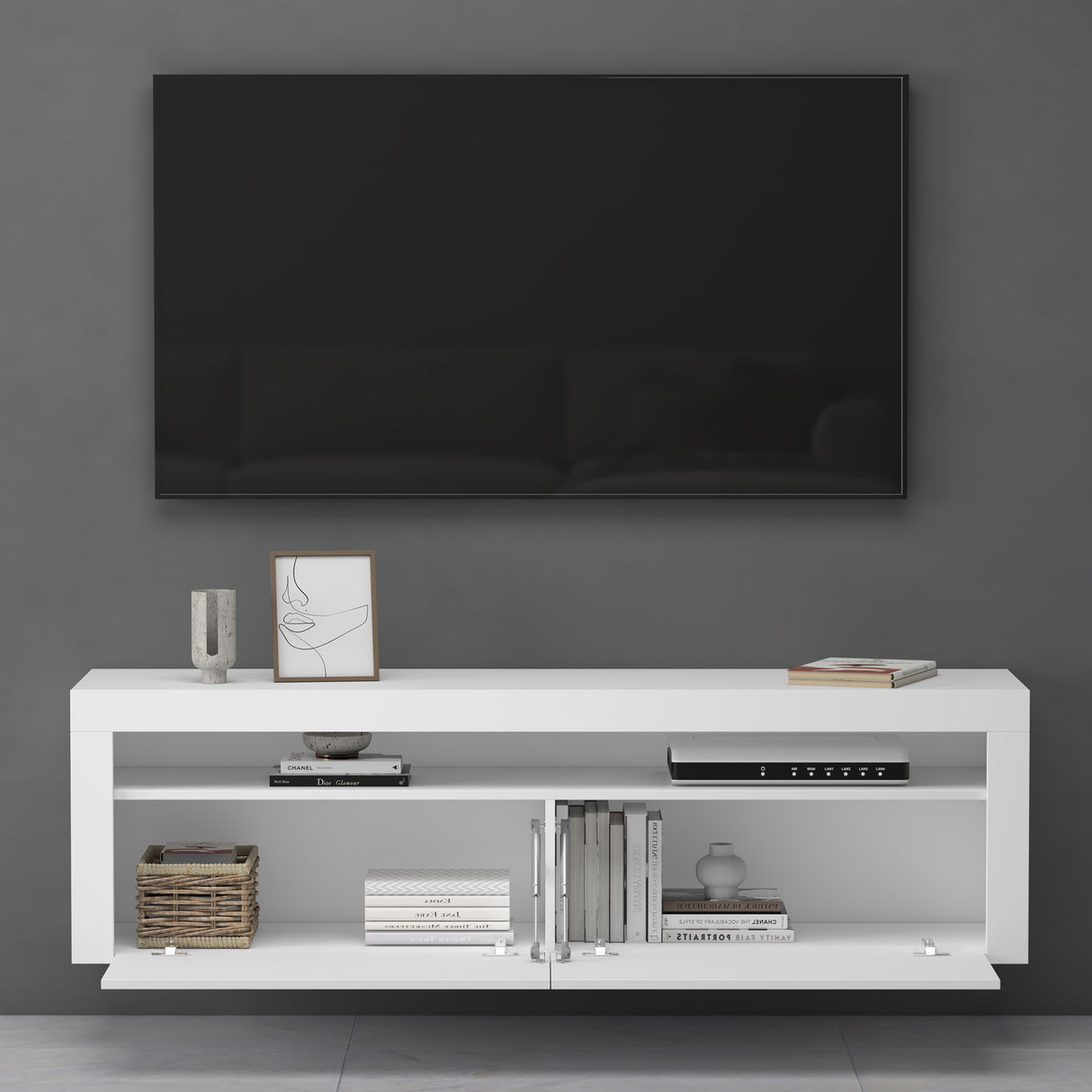 Meuble TV glasvilla Meuble TV bas meuble mural 2 portes avec fermeture amortie Table TV pour salon LTH: 160x40x46 cm Fernsehschrank01