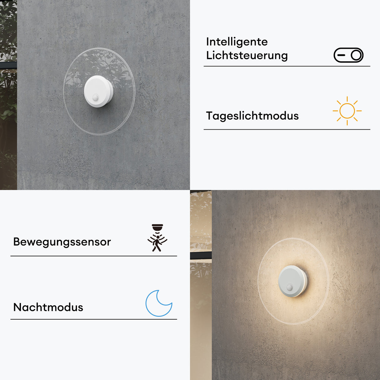Applique murale d'extérieur glasvilla 6W LED | Luminaire d'extérieur pour chemin de jardin, 3000K avec détecteur de mouvement | Lampe d'extérieur ⌀300X65mm IP65 LunaLights 