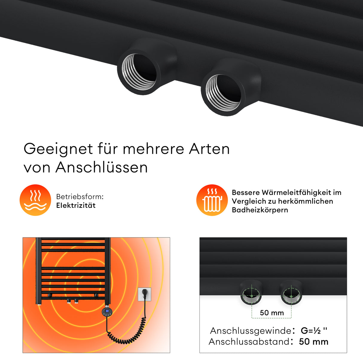 Radiateur de salle de bain Glasvilla Sèche-serviettes électrique pour électricité, raccordement latéral, radiateur tubulaire chauffage salle de bain RHE avec élément chauffant 02