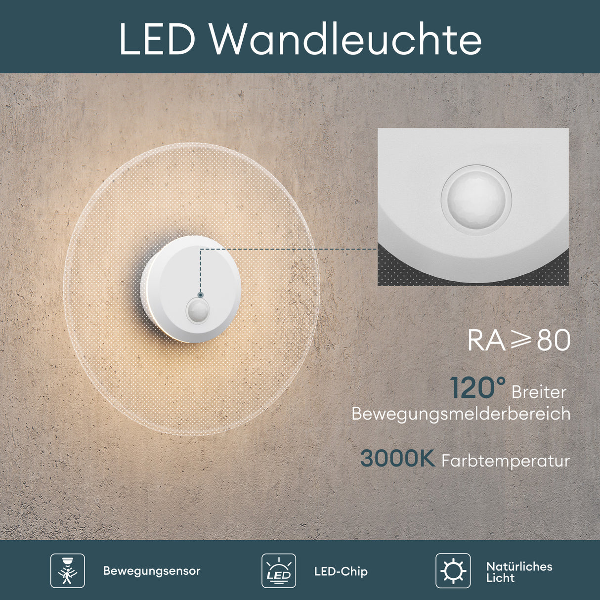 Applique murale d'extérieur glasvilla 6W LED | Luminaire d'extérieur pour chemin de jardin, 3000K avec détecteur de mouvement | Lampe d'extérieur ⌀300X65mm IP65 LunaLights 