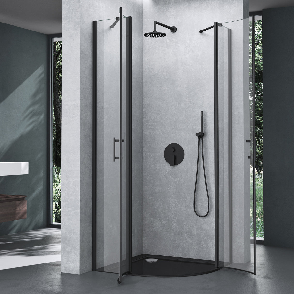 glasvilla Duschabtrennung Viertelkreis mit 2 Drehtüren Dusche ESG-Sicherheitsglas Nano-Beschichtung Ravenna52K Schwarz