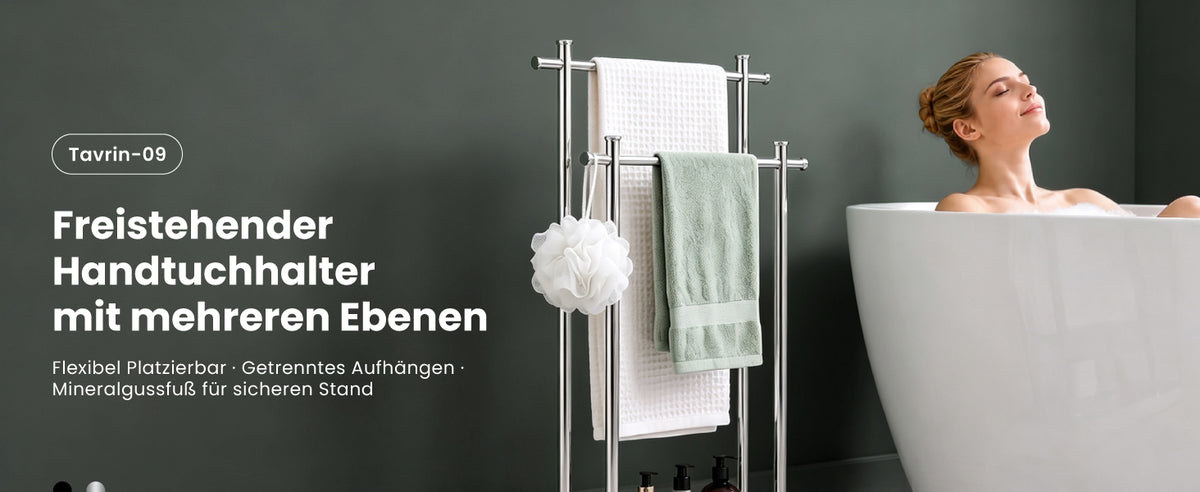 glasvilla Handtuchständer freistehend mit 2 Stangen, Handtuchhalter stehend Handtuchhalter ohne Bohren 55 × 20 × 82,5 , Edelstahl, Mineralstein-Sockel mit Ablage, Tavrin-09