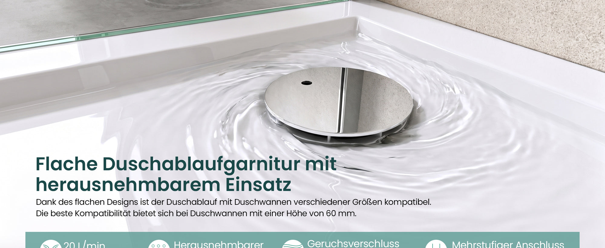 glasvilla Bonde de Douche pour Receveur de Douche Diamètre de la Douche 40 mm Trou d’Évacuation 90 mm AL001