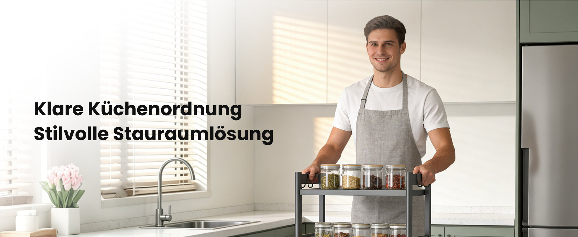 Glasvilla küchenregal stehend mit 4 Ebenen, Standregal küchen mit 4 Lenkrollen und Seitlichen Haken, Küchen Organizer für Mikrowelle, Töpfe & Gewürze,  Reglo-13