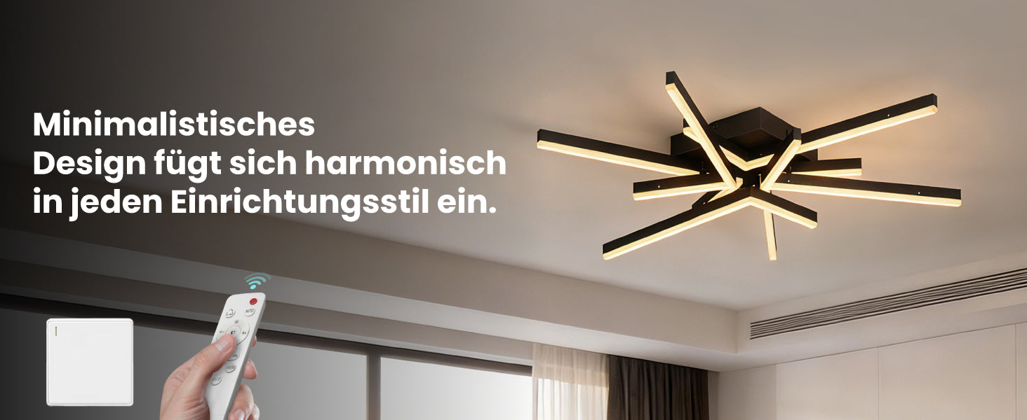 Plafonnier LED glasvilla avec télécommande 80cm, intensité réglable en continu 3000-6400K, luminaire de chambre 71W Noir pour chambre à coucher, salon, bureau, couloir Alivetta25038