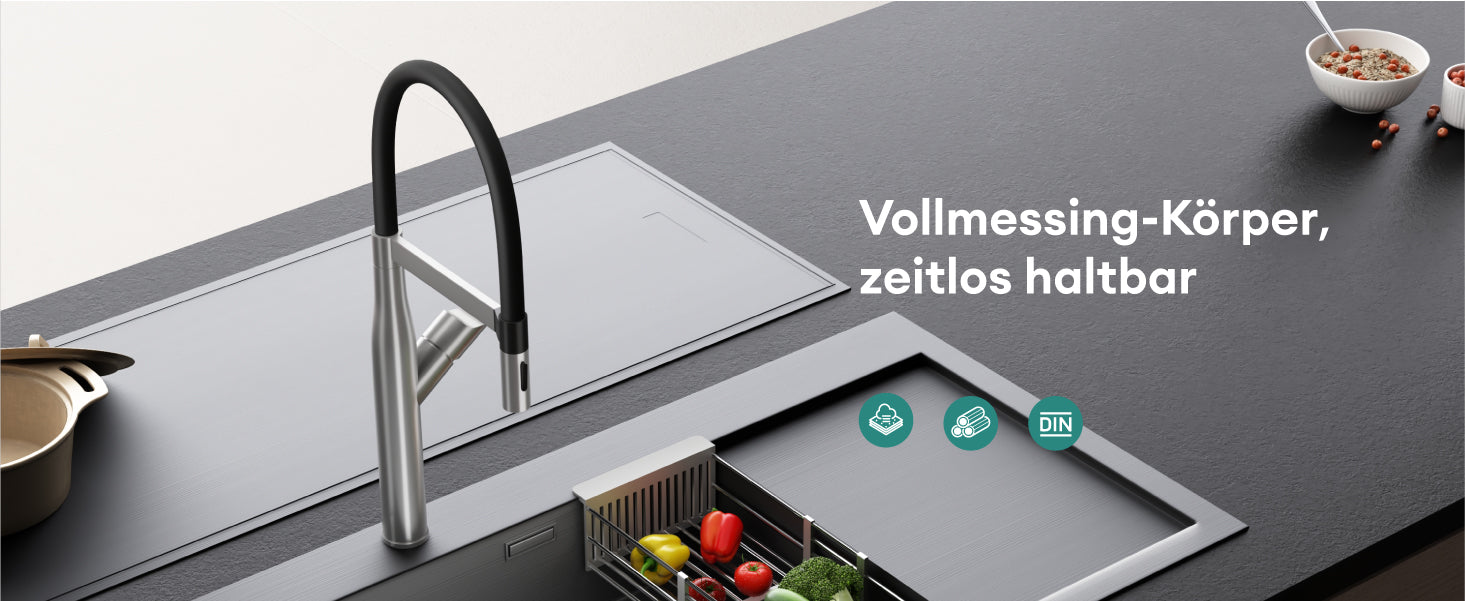 glasvilla Robinet de cuisine, mitigeur d'évier en acier inoxydable, mitigeur de cuisine avec douchette à vaisselle magnétique, pivotant à 360° Turnix-01