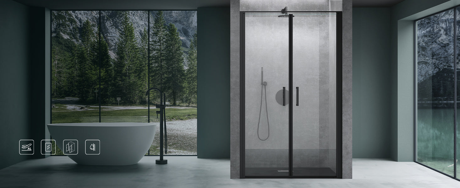 Porte de douche Glasvilla, porte de niche, cabine de douche, cabine de douche chromée et noire, porte battante à 180°, double porte, verre de sécurité trempé 8 mm, nano-revêtement, verre clair avec mécanisme de levage et d'abaissement, Teramo66