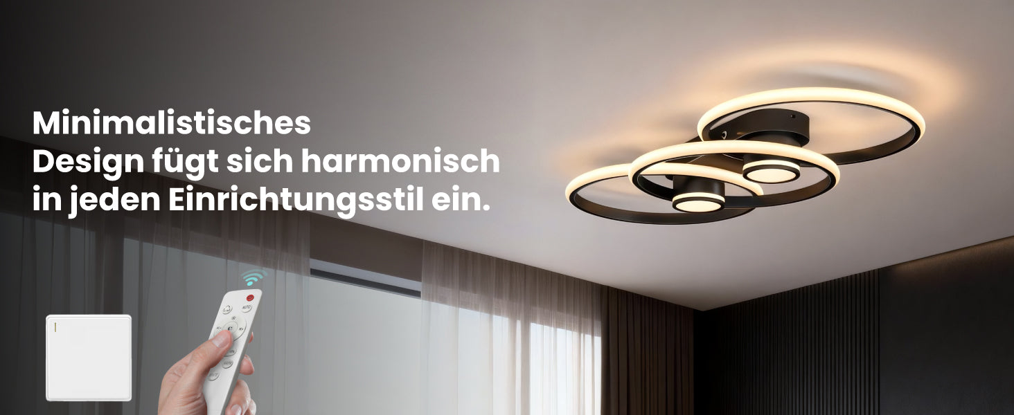 glasvilla LED Deckenleuchte Deckenlampe mit Fernbedienung 75cm, Stufenlos dimmbar 3000-6400K, Zimmerlampe 70W Schwarz für Schlafzimmer, Wohnzimmer, Arbeitszimmer, Flur Alivetta25037
