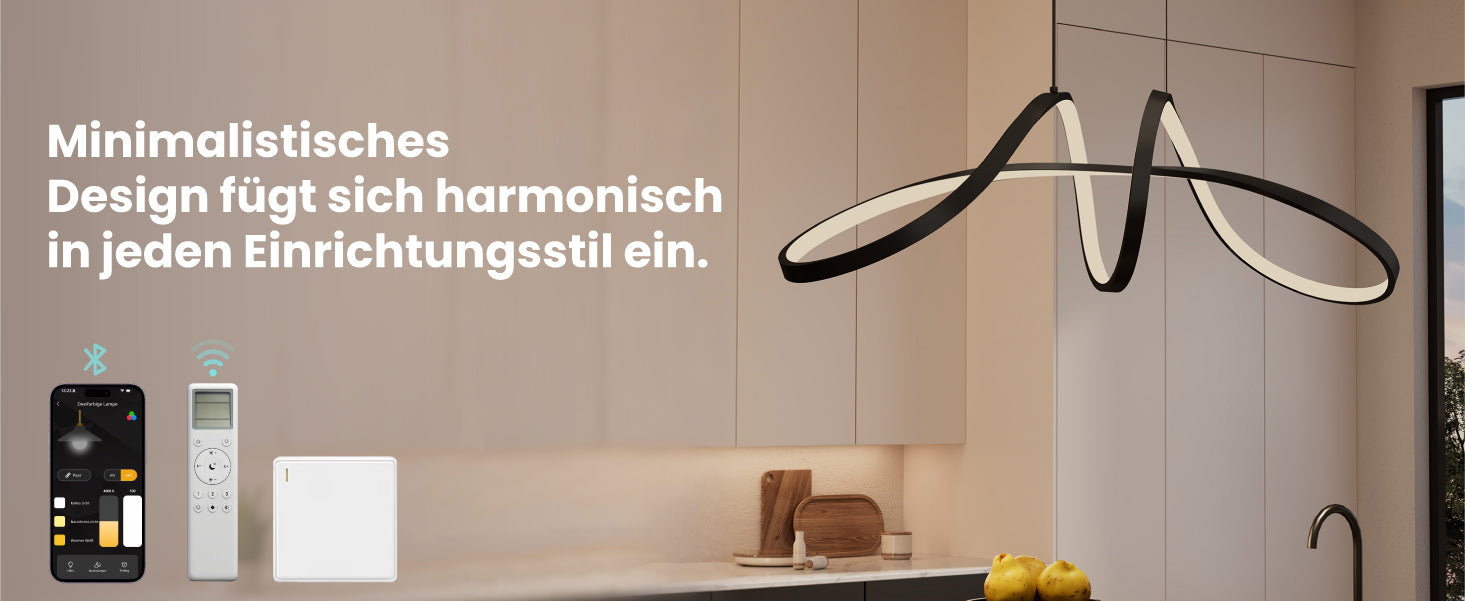 Glasvilla Design – Lámpara colgante LED 90 cm negra con diseño ondulado, regulable 3000K–6000K (30W)