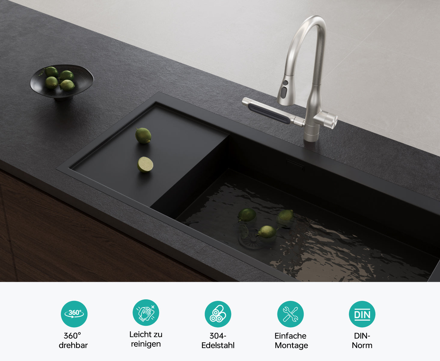 glasvilla Robinet de cuisine avec jet cascade, mitigeur d'évier de cuisine, mitigeur monocommande pivotant à 360°, robinet de cuisine en acier inoxydable argenté Turnix-03