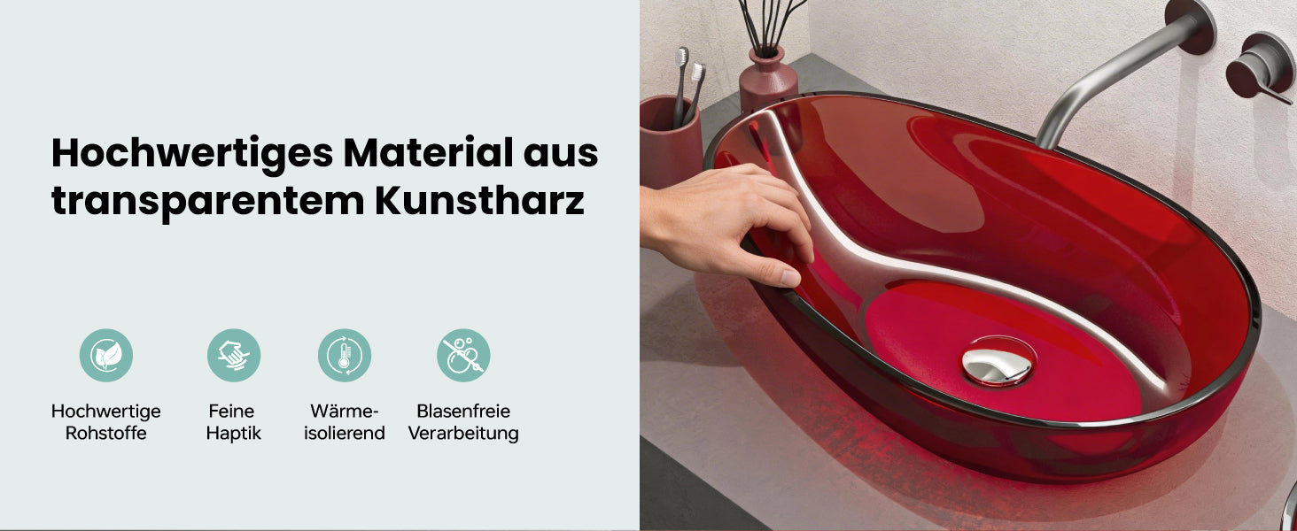 glasvilla Lavabo da Appoggio in Resina 60x36x14cm, Lavabo da Bagno Ovale Senza Foro Rubinetto e Troppopieno, Coloria04