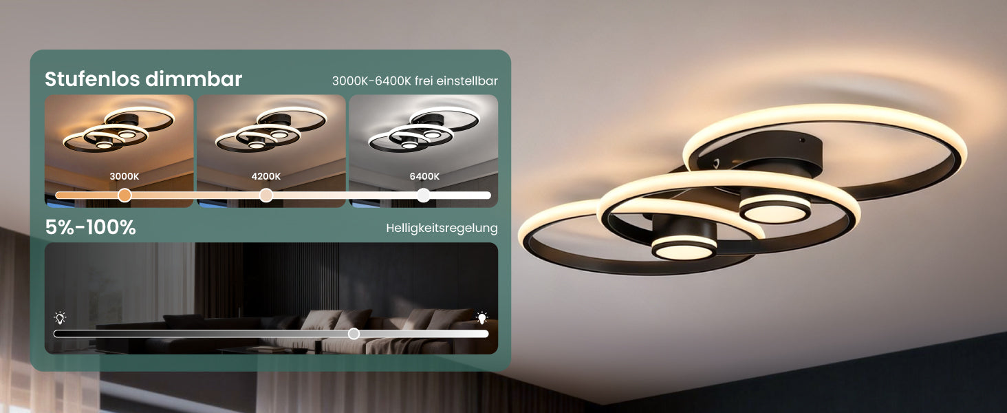glasvilla LED Deckenleuchte Deckenlampe mit Fernbedienung 75cm, Stufenlos dimmbar 3000-6400K, Zimmerlampe 70W Schwarz für Schlafzimmer, Wohnzimmer, Arbeitszimmer, Flur Alivetta25037