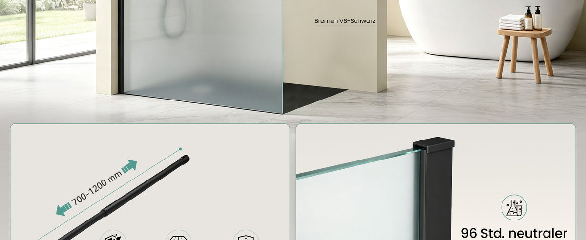 glasvilla Duschwand für Dusche Duschabtrennung Walk-In Dusche Duschtrennwand Schwarz 10mm ESG-Sicherheitsglas NANO Glas Vollsatiniert BRAM1/BRAM3 Bremen02VS