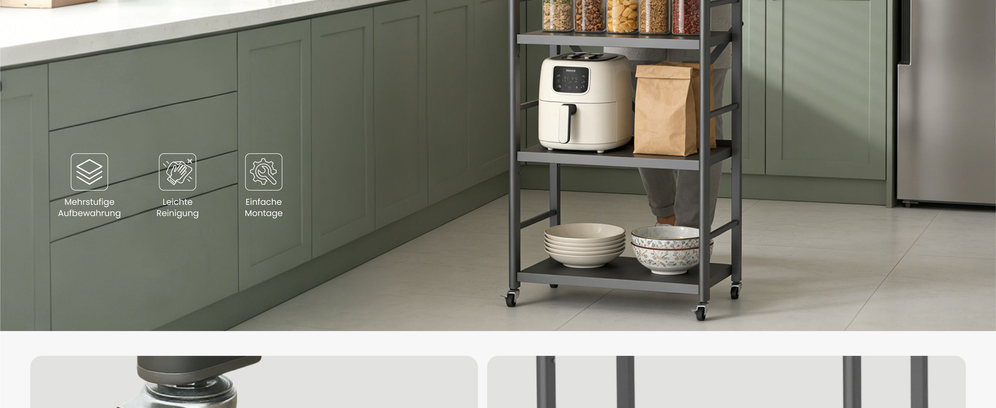 Glasvilla küchenregal stehend mit 4 Ebenen, Standregal küchen mit 4 Lenkrollen und Seitlichen Haken, Küchen Organizer für Mikrowelle, Töpfe & Gewürze,  Reglo-13