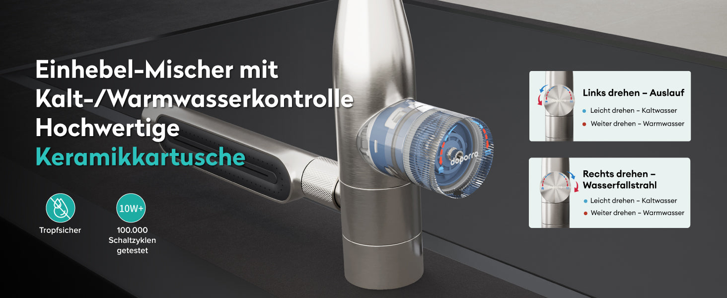glasvilla Robinet de cuisine avec jet cascade, mitigeur d'évier de cuisine, mitigeur monocommande pivotant à 360°, robinet de cuisine en acier inoxydable argenté Turnix-03