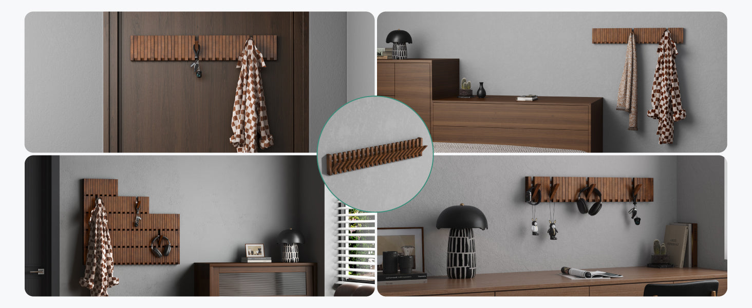 glasvilla patère murale en bois avec 7 crochets pliables magnétiques portemanteau Twigro-01