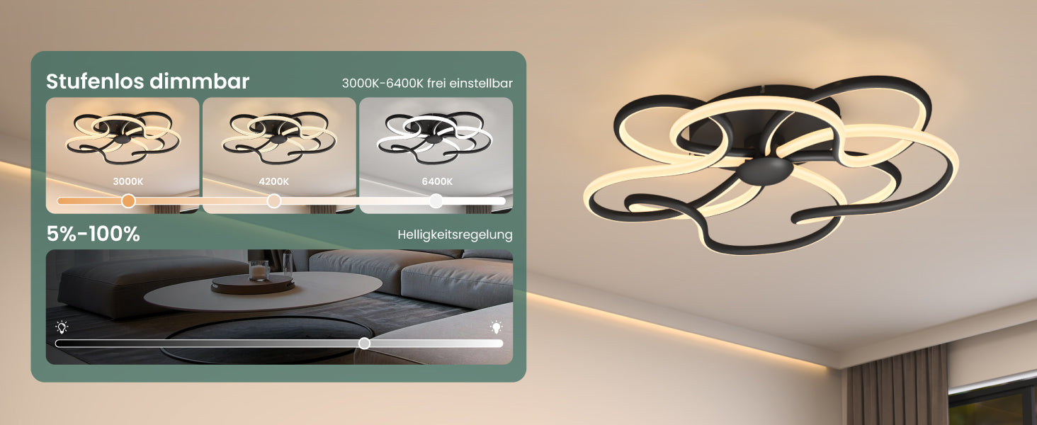 glasvilla Plafoniera LED Soffitto 112W 4960LM, Lampadario LED Soffitto 3000K - 6400K Illuminazione a Soffitto Moderna per Camera da Letto Sala Cucina Bagno Corridoio, Nero, Alivetta25036