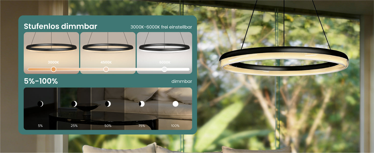 glasvilla Lampadario a Sospensione, Lampada 3000-6000K con Filo 110 CM, Altezza Regolabile, Lampada da Soffitto a Sospensione per Camera da Letto e Soggiorno, Luvina05