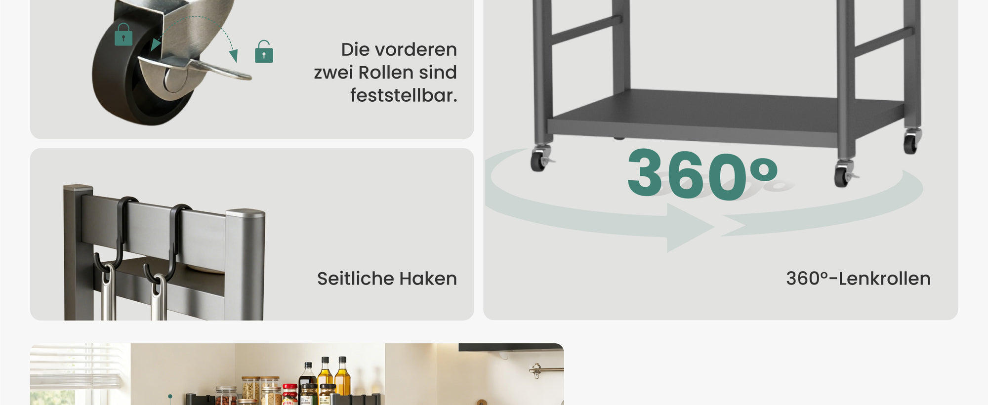 Glasvilla küchenregal stehend mit 4 Ebenen, Standregal küchen mit 4 Lenkrollen und Seitlichen Haken, Küchen Organizer für Mikrowelle, Töpfe & Gewürze,  Reglo-13