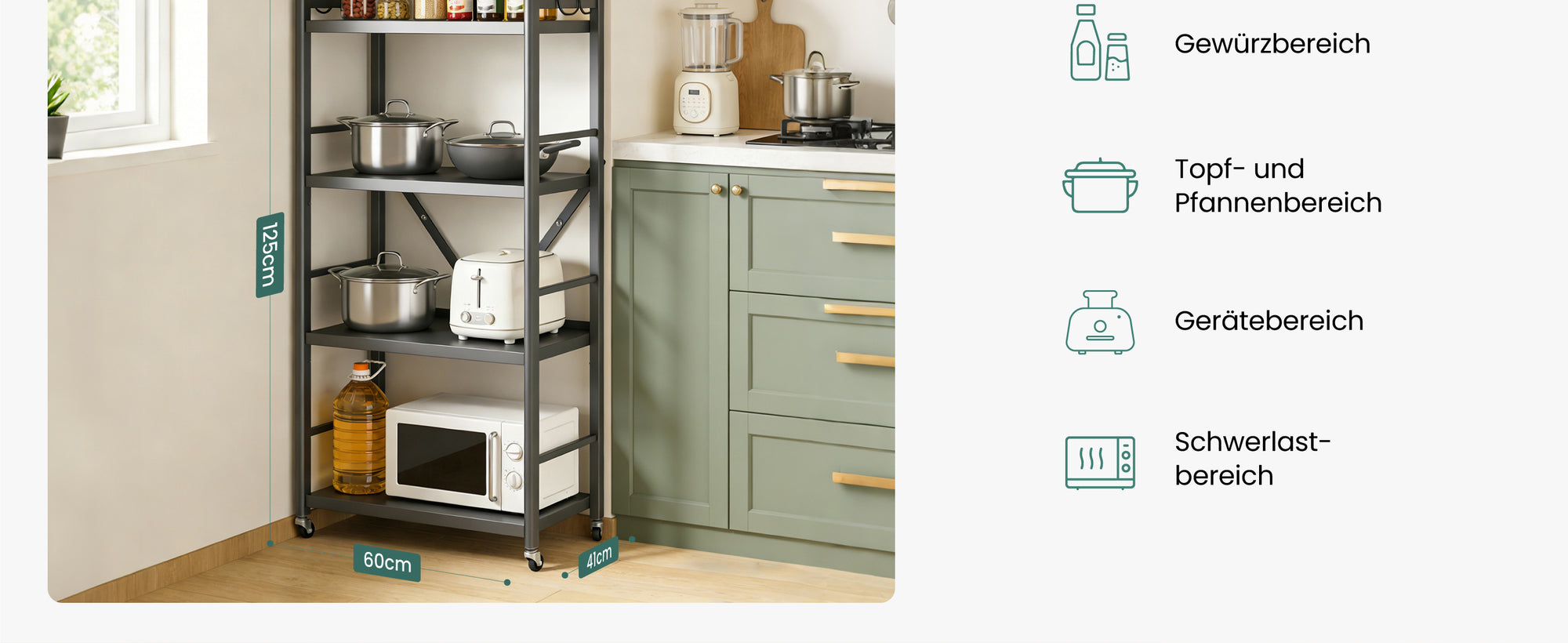 Glasvilla küchenregal stehend mit 4 Ebenen, Standregal küchen mit 4 Lenkrollen und Seitlichen Haken, Küchen Organizer für Mikrowelle, Töpfe & Gewürze,  Reglo-13