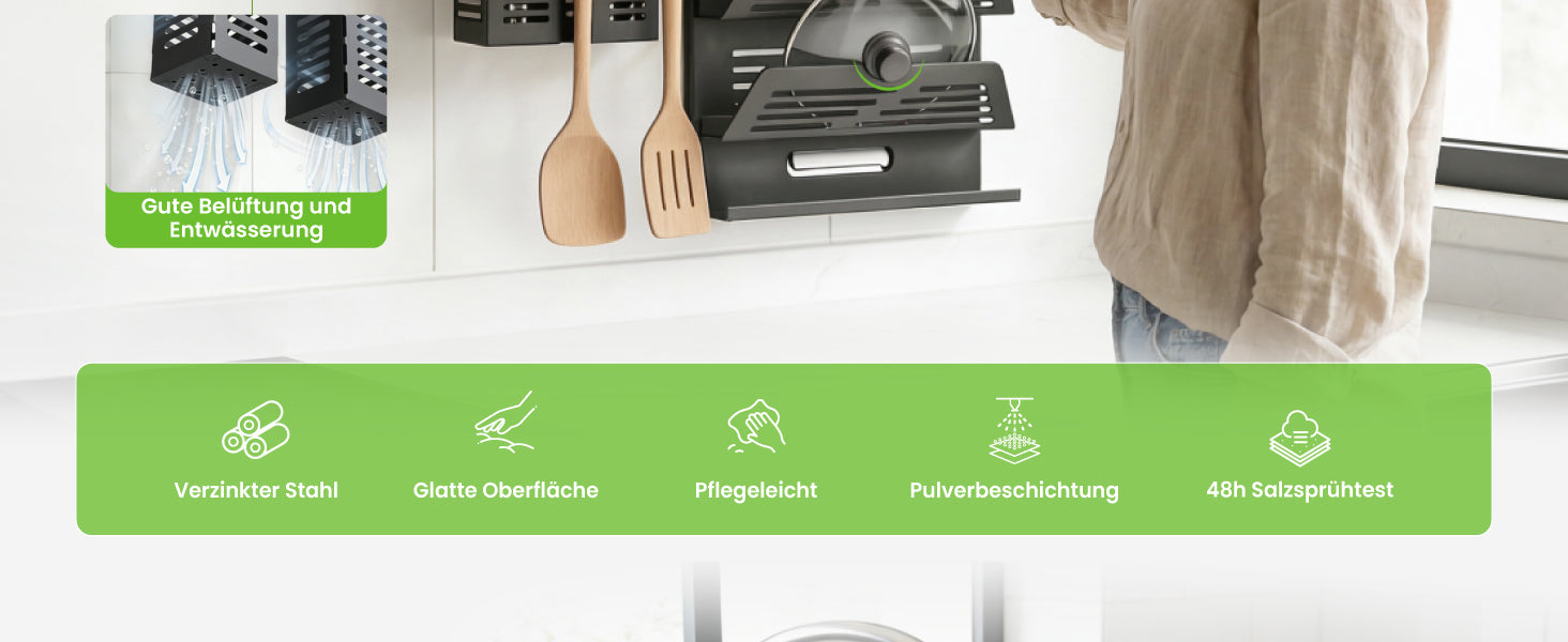 glasvilla Porta Spezie con Supporto per Cellulare o Porta Rotolo, Porta Coperchi a 3 Livelli e Porta Mestoli con 5 Ganci da Cucina, da Appendere con Guide, Reglo-09-12