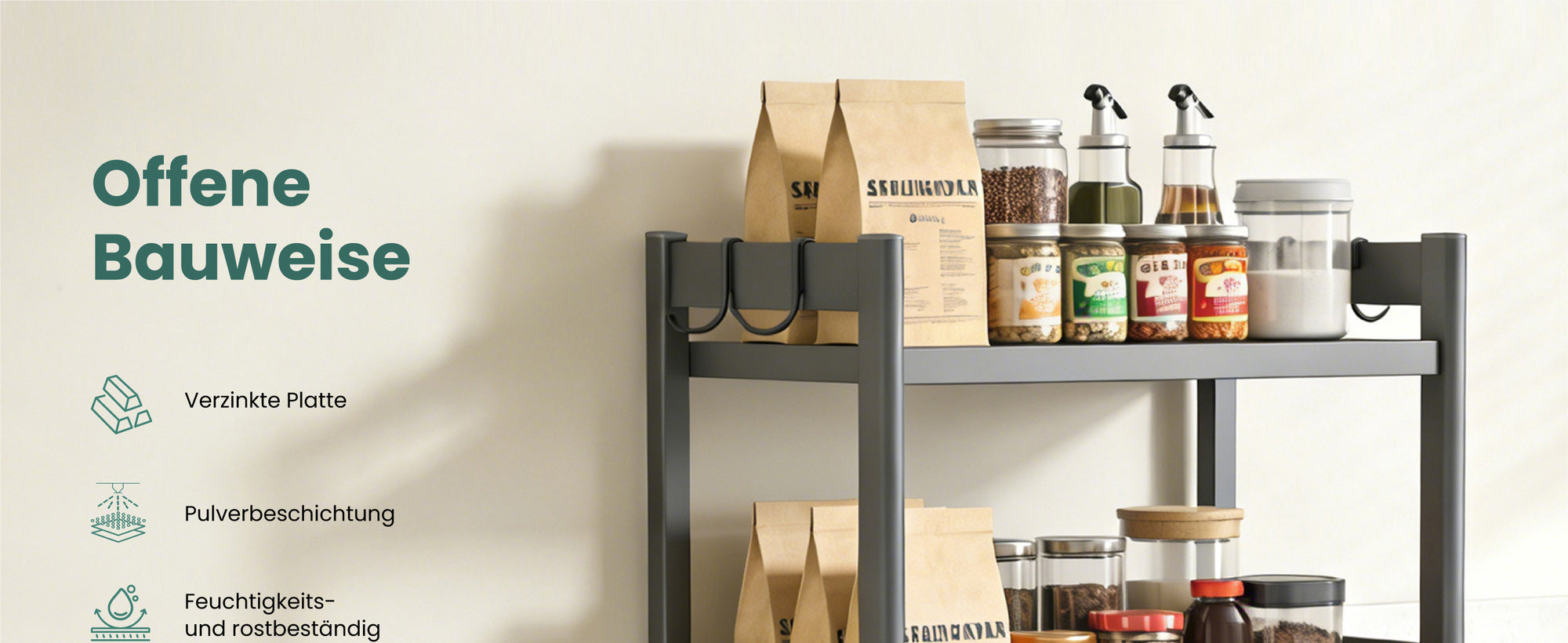 Glasvilla küchenregal stehend mit 4 Ebenen, Standregal küchen mit 4 Lenkrollen und Seitlichen Haken, Küchen Organizer für Mikrowelle, Töpfe & Gewürze,  Reglo-13