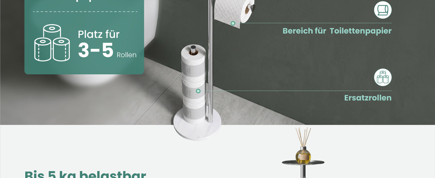 glasvilla Klopapierhalter Stehend, Toilettenpapierhalter  | Edelstahl, Klorollenhalter freistehend, Toilettenpapier Aufbewahrung für 4 Rollen, ohne Bohren, für Badezimmer & WC Lino-06