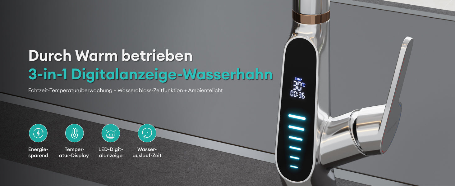 glasvilla Wasserhahn Küche Küchenarmatur ausziehbar 360° drehbar 3 Wasserstrahl-Modi LED-Digitalanzeige Küchenwasserhahn Spültischarmatur MS-8085