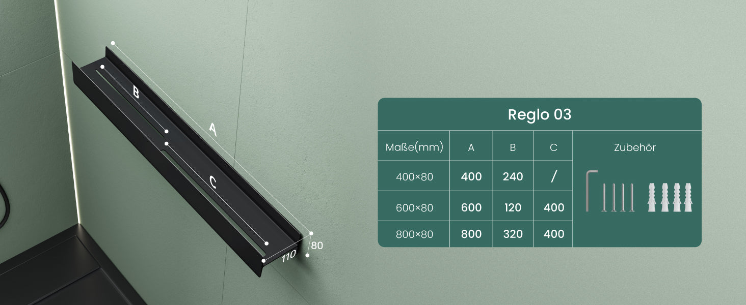 glasvilla Duschablage zum Bohren oder Kleben Duschregal Badablage 40cm Badezimmerablage zur Wandmontage Badezimmer Organizer Reglo-03