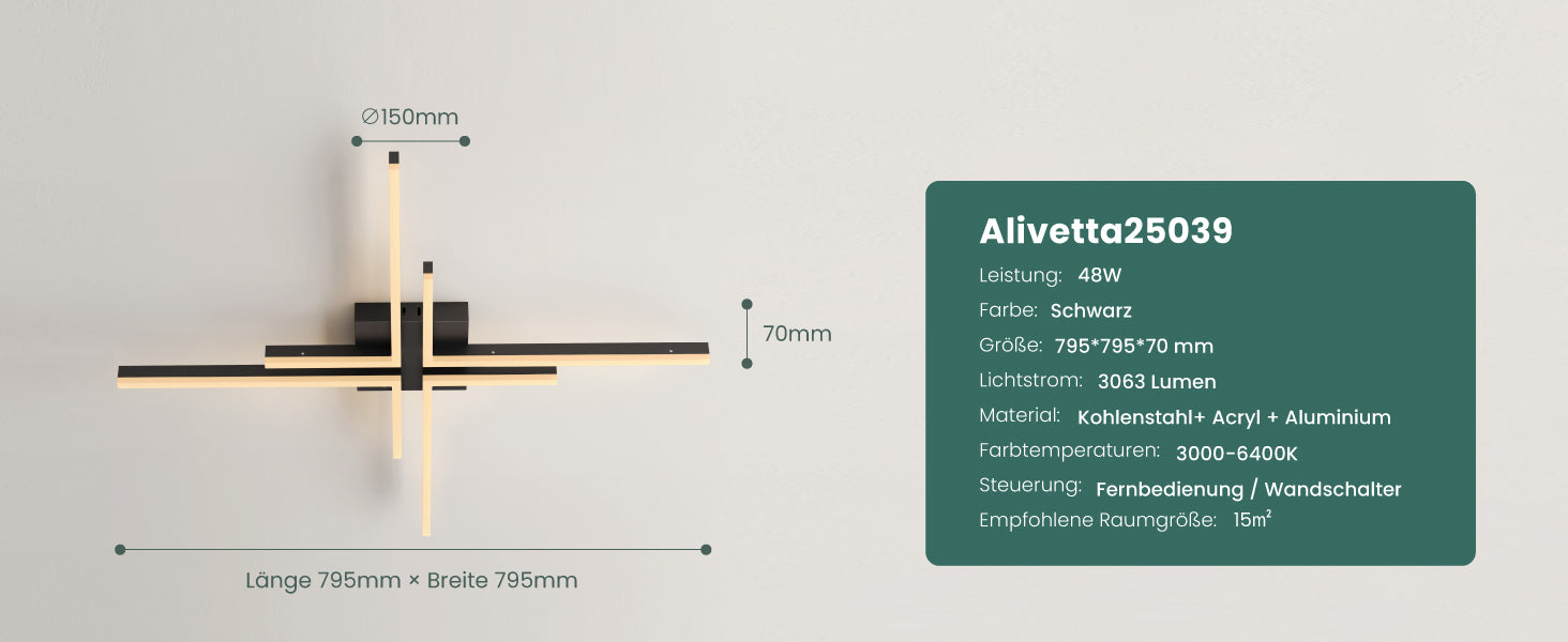 glasvilla Plafonnier LED avec télécommande 795mm, Intensité variable en continu 3000-6400K, Plafonnier 48W Noir pour Chambre, Salon, Bureau, Couloir Alivetta25039