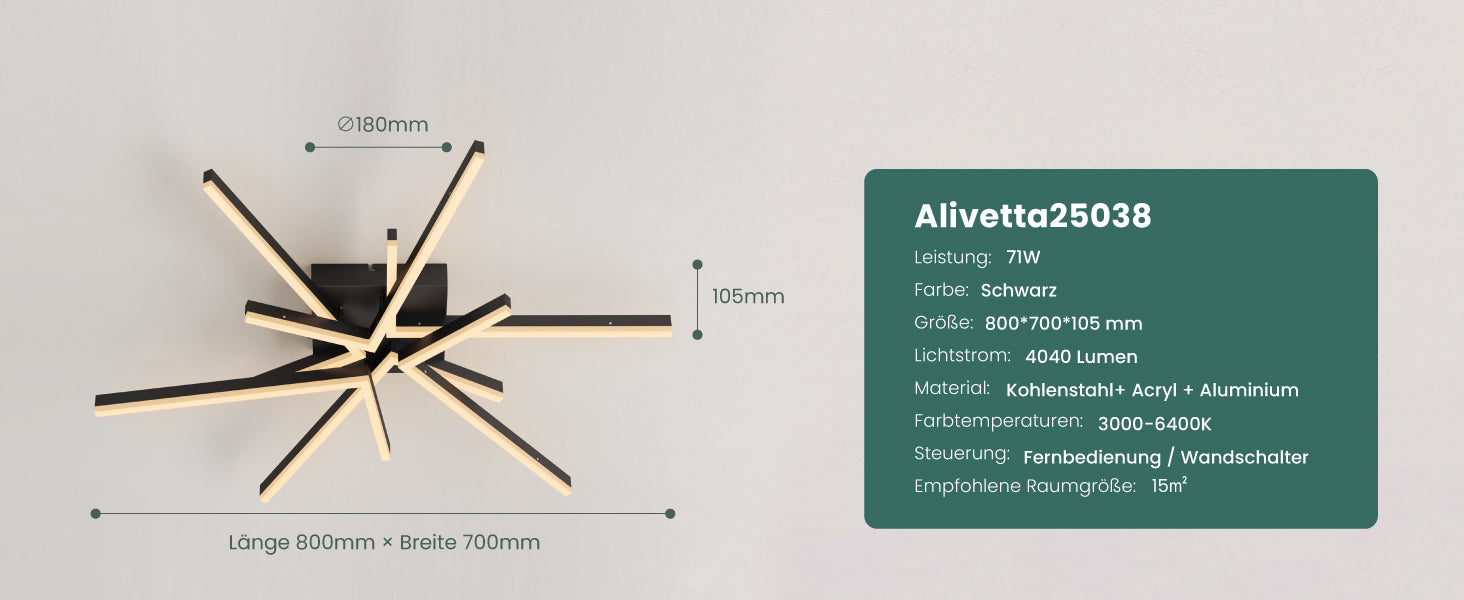 Plafonnier LED glasvilla avec télécommande 80cm, intensité réglable en continu 3000-6400K, luminaire de chambre 71W Noir pour chambre à coucher, salon, bureau, couloir Alivetta25038