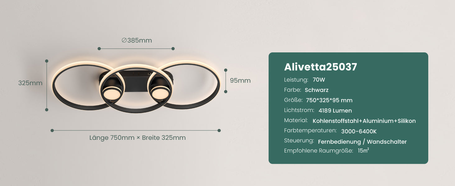 glasvilla LED Deckenleuchte Deckenlampe mit Fernbedienung 75cm, Stufenlos dimmbar 3000-6400K, Zimmerlampe 70W Schwarz für Schlafzimmer, Wohnzimmer, Arbeitszimmer, Flur Alivetta25037