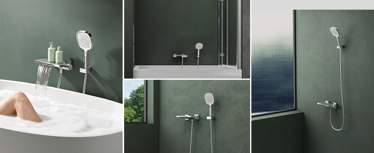 Robinet de baignoire Glasvilla avec douchette, design cascade, jets multiples, douchette en laiton avec barre et flexible de douche.